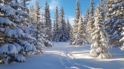 Obraz premium A serene winter landscape with snow-covered trees and a clear blue sky.