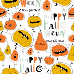 Seamless pattern with cartoon pumpkins on yellow background