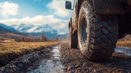 A close-up of a muddy off-road vehicle tire on a rocky path with scenic snowy mountains in the background, ideal for adventure, travel, or automotive advertisements,