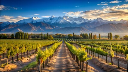 Naklejka premium Vineyard landscape in Mendoza, Argentina with rows of grapevines against a backdrop of the Andes mountains