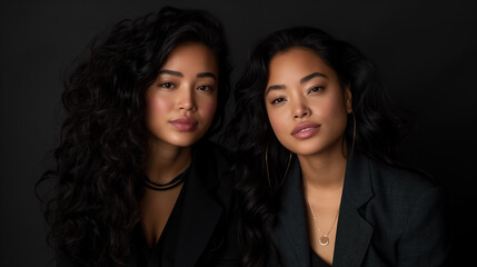 Fototapeta premium Portrait of two women with long, dark, curly hair, dressed elegantly in black, set against a black background, exuding confidence and poise.