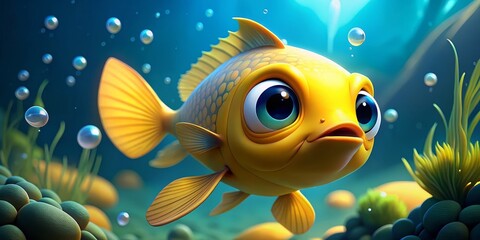 Naklejka premium A Big-Eyed Fish in a World of Bubbles, Digital Art, Underwater, Cartoon Fish, Fish Illustration