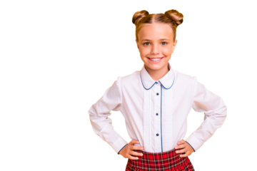 Portrait of her she nice-looking attractive well-groomed lovely cheerful cheery confident content pre-teen girl nerd in white shirt hands on hips isolated on bright vivid shine yellow background