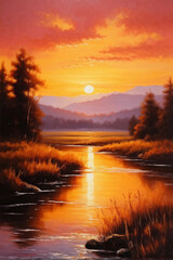 Fototapeta premium Golden Sunset Over Tranquil Natural Landscape