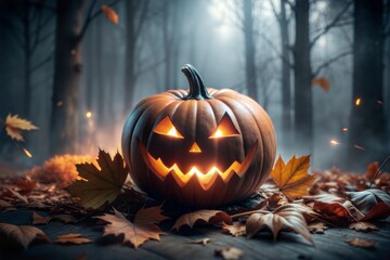 Carved Jack-o'-Lantern in Dark Forest with Falling Autumn Leaves