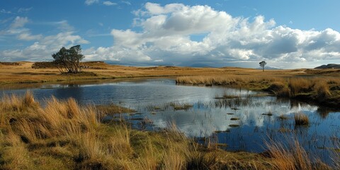 Obraz premium A serene landscape featuring a tranquil pond, golden grasses, and a vast sky adorned with fluffy clouds, perfect for nature lovers.