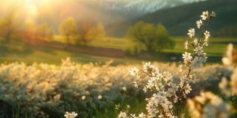 Obraz premium A serene landscape featuring blooming flowers and gentle sunlight illuminating a peaceful meadow.