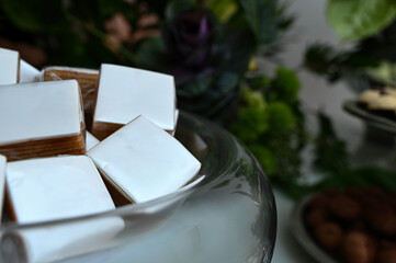 cubes cakes, close up of a cakes, guava cake, mini cake
