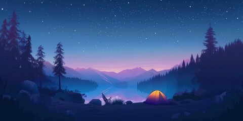 Fototapeta premium A serene night landscape with a camping tent beside a calm lake, surrounded by mountains and sparkling stars.