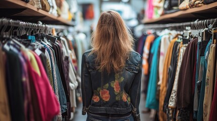 Back View of a Young Woman Browsing Clothes in a Colorful Clothing Store