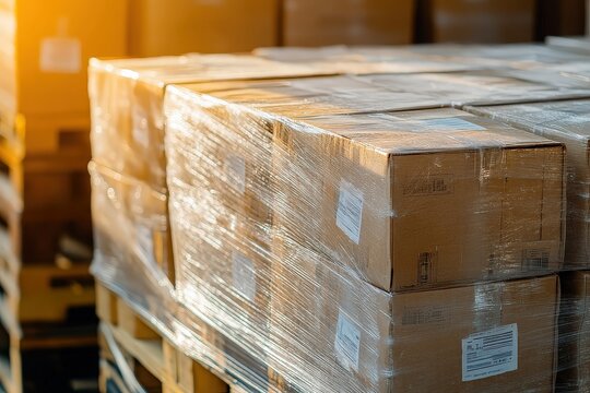 Shrink-wrapped boxes on pallet in warehouse