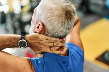 pain injury man gym mature exercise health fitness training back neck sport body muscle senior care old exercising strength patient athlete active ache joint