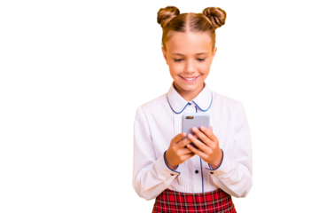 Close-up portrait of nice-looking attractive lovely sweet cheerful cheery pre-teen girl in white shirt using device gadget isolated over bright vivid shine yellow background