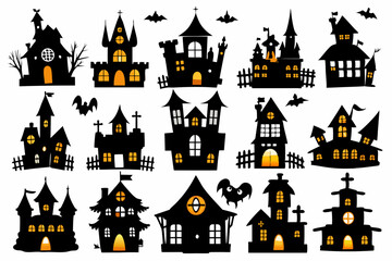 A Silhouette Vector Of Halloween Haunted House set, scary halloween house bundle set