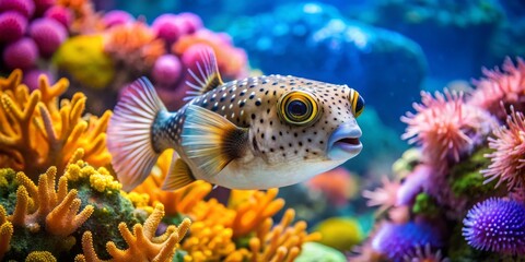 A Spotted Pufferfish Amidst Vibrant Coral, underwater, aquarium, tropical fish , coral reef , pufferfish , marine life