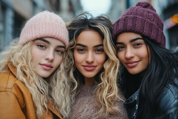 Fototapeta premium Portrait of three young adult female friends in the street, Generative AI