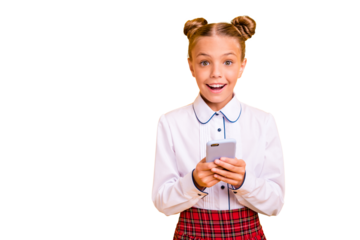 Close-up portrait of nice attractive lovely sweet girlish cheerful cheery positive pre-teen girl in white shirt browsing speed isolated over bright vivid shine yellow background