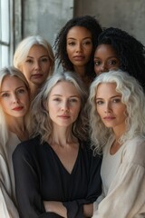 Obraz premium Portrait of six women of different ages looking at camera in studio, Generative AI
