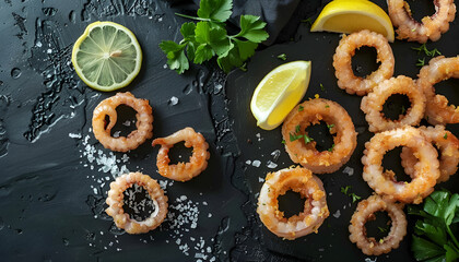Naklejka premium Rings of squid with lemon and beer on a black background. Snack to beer. Top view with copy space