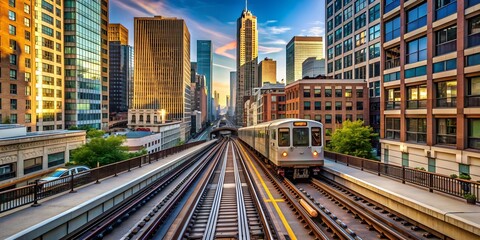 Obraz premium Panoramic view of elevated railway train in Chicago , urban, transportation, cityscape, skyline, elevated