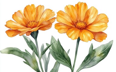 Fototapeta premium Bright, vibrant orange flowers with lush green leaves, perfect for adding a touch of nature to any project or design.