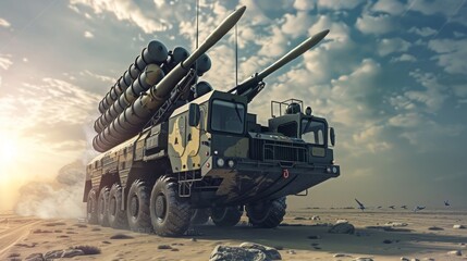 Military air defense battery. Anti missile defense system. 3d illustration