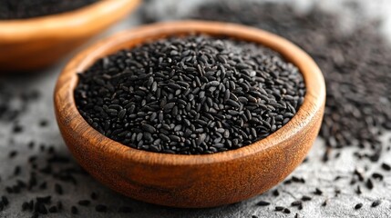 Close-up of black sesame seeds in a wooden bowl, showcasing their rich texture and earthy color for culinary use or healthy recipes.