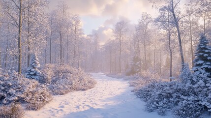 A serene winter landscape with snow-covered trees and a tranquil pathway.