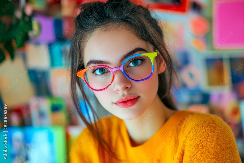 Poster A young woman with colorful glasses and a vibrant yellow sweater poses against a backdrop of bright photographs. This stylish portrait captures a cheerful and creative vibe. AI