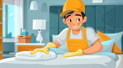 Obraz premium Cartoon vector of a cleaning staff making the bed in a neat and organized room