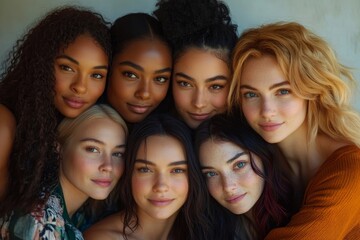 Obraz premium Beauty and unity, this diverse group of beautiful women of all skin tones and races together posing in the skin care ad campaign. A multiracial diverse group of women, inclusivity body, Generative AI