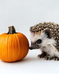 Fototapeta premium Adorable hedgehog sitting next to a small pumpkin on a white background
