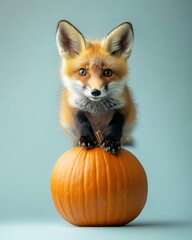 Fototapeta premium Fox climbing on top of a pumpkin on a light background