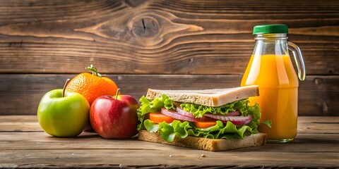 Healthy school lunch setup with sandwich, fresh fruits, and a bottle of orange juice on a wooden table, School, lunch