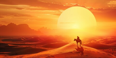 A stunning sunset over a desert, featuring a silhouette of a rider on a camel, capturing the beauty of nature's twilight.