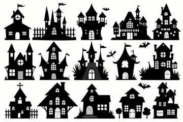 A Silhouette Vector Of Halloween Haunted House set, scary halloween house bundle set