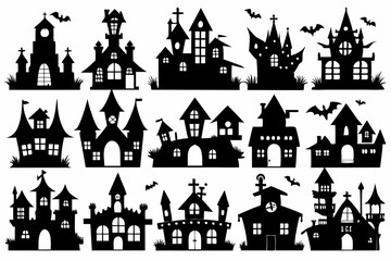 A Silhouette Vector Of Halloween Haunted House set, scary halloween house bundle set