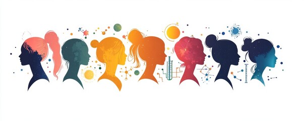International Day of Women and Girls in Science design. It features silhouette of women with several science element icon.  illustration, Generative AI