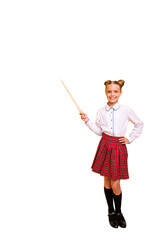 Vertical full length body size view portrait of nice attractive cheerful genius pre-teen girl nerd in white shirt pointing at copy space knowledge isolated over bright vivid shine yellow background