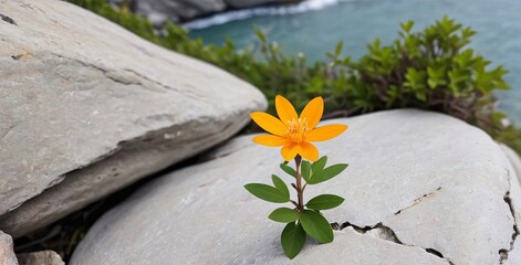 A single yellow flower blossoms from a crack in a rocky cliffside.