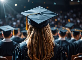 Graduation ceremony rearview: Graduate in cap and gown celebrating educational success and achievement