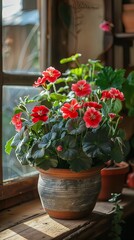 Flowerpot with a beautiful flower pelargonium in the room botany