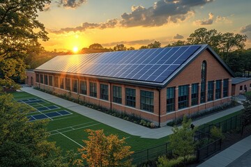 Obraz premium Brick Building with Solar Panels and Green Lawn at Sunset