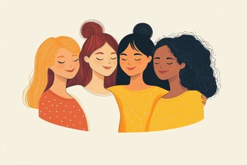 Young women of different ethnicity has their arms around each other's shoulders. Strong and brave girls support and protect one another. Feminism and females friendship poster. AI