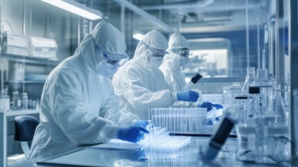 Two Scientists in Protective Suits Working in a Sterile Laboratory