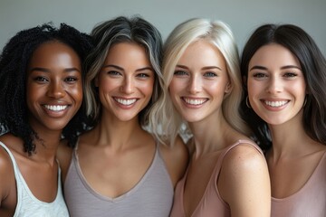 Fototapeta premium Happy women with different skin tones smiling at the camera in a studio, Generative AI