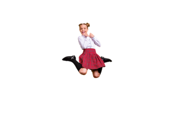 Full length body size view of her she nice attractive cheerful cheery positive ecstatic overjoyed pre-teen girl having fun time isolated over bright vivid shine yellow background