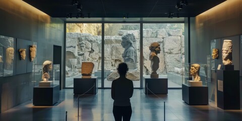 Fototapeta premium A visitor admiring ancient sculptures in a modern museum, surrounded by historical artifacts and beautiful architecture.