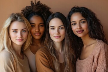 Obraz premium Diverse women in casuals sitting on brown background. Multi-ethnic group of females looking at camera in studio, Generative AI