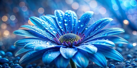 Obraz premium Azure Bloom Dew-Kissed Petals Against a Bokeh Background, flower , blue , macro , nature